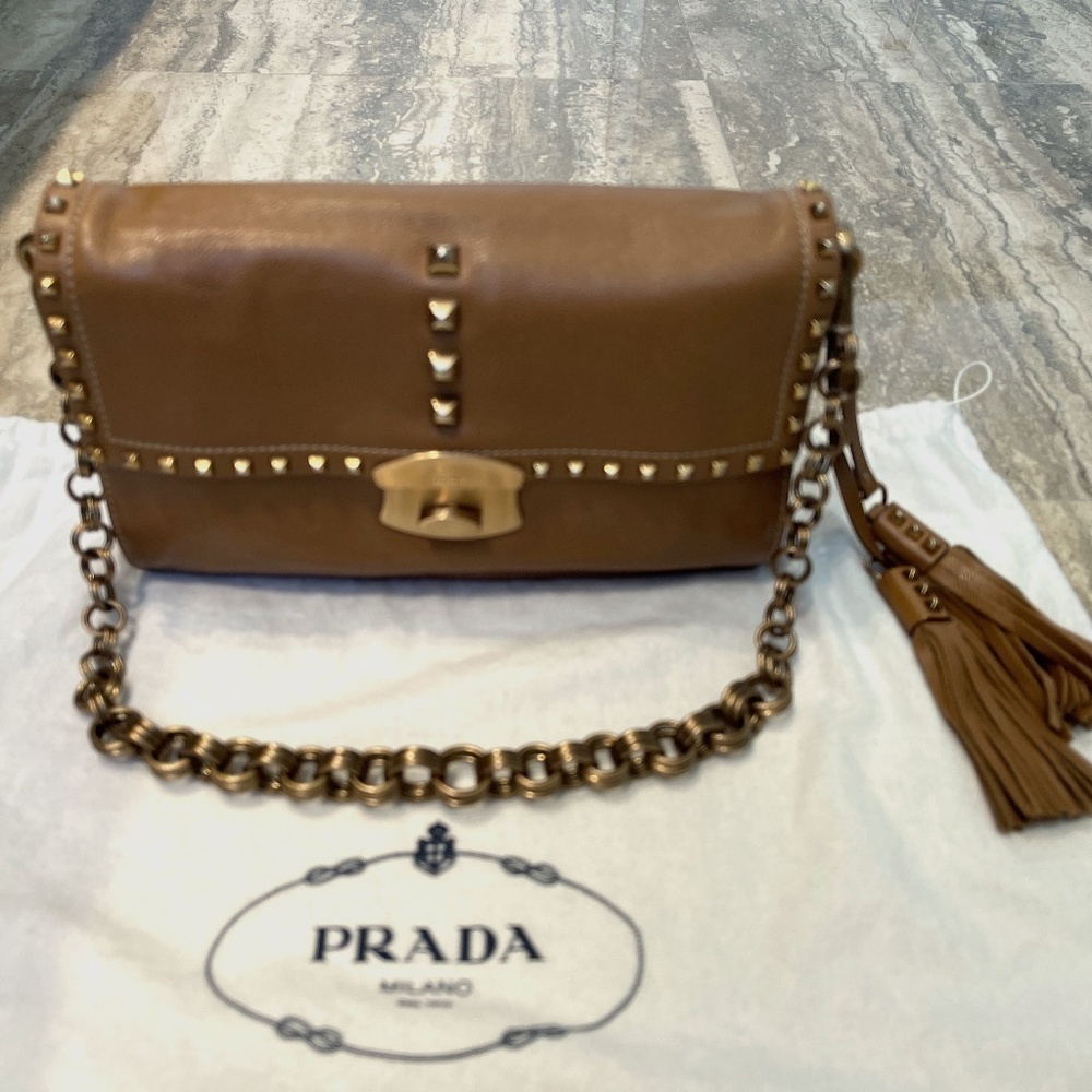 PRADA LEATHER STUDDED CHAIN SHOULDER BAG